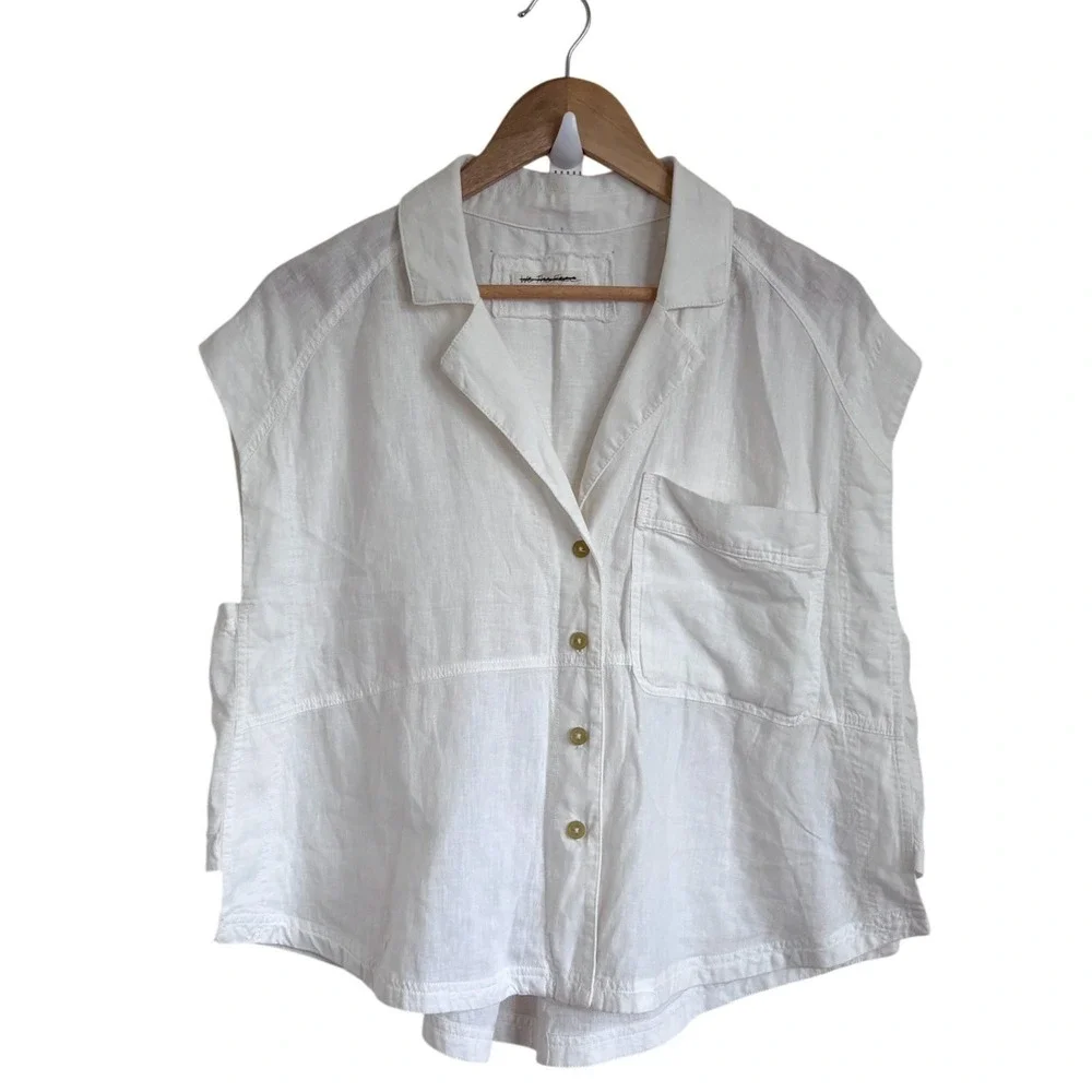 Free People Womens Oversized Linen Button Down Shirt XS White Boho Coastal Crop